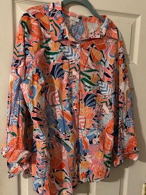 Talbots Coral, Navy & Green Floral Button-Down Shirt